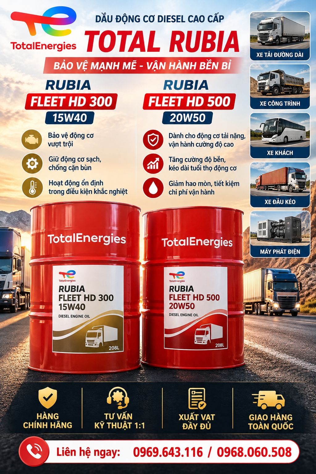 Hàng chính hãng – tư vấn kỹ thuật 1:1 Xuất VAT đầy đủ – giao toàn quốc Total Rubia Fleet HD 500 20W-50