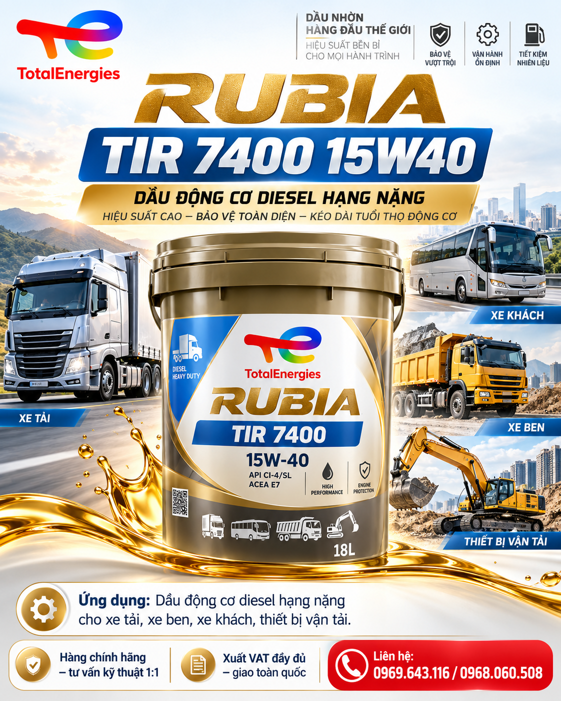 Hàng chính hãng – tư vấn kỹ thuật 1:1 Xuất VAT đầy đủ – giao toàn quốc Total Rubia TIR 7400 15W-40