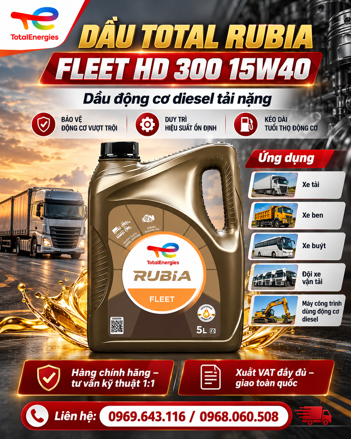 Total Rubia Fleet HD 300 15W-40 là dầu động cơ diesel chất lượng cao, được phát triển dành riêng cho các dòng xe tải, xe thương mại và thiết bị công nghiệp hoạt động trong điều kiện khắc nghiệt. Sản phẩm mang lại hiệu quả bôi trơn ổn định, bảo vệ động cơ tối ưu và giúp doanh nghiệp tiết kiệm chi phí vận hành lâu dài. Với cấp độ nhớt SAE 15W-40, Total Rubia Fleet HD 300 đảm bảo khả năng vận hành linh hoạt trong nhiều điều kiện nhiệt độ khác nhau. Dầu giúp động cơ khởi động dễ dàng khi nguội, đồng thời duy trì độ ổn định khi máy hoạt động ở nhiệt độ cao. Đây là yếu tố quan trọng đối với các phương tiện vận tải đường dài hoặc thiết bị làm việc liên tục trong môi trường tải nặng. Một trong những điểm nổi bật của Total Rubia Fleet HD 300 15W-40 là khả năng làm sạch động cơ hiệu quả. Nhờ hệ phụ gia phân tán và tẩy rửa tiên tiến, dầu giúp hạn chế sự hình thành cặn bẩn, muội than và bùn dầu trong quá trình đốt cháy nhiên liệu. Điều này giúp giữ cho động cơ luôn sạch, từ đó duy trì hiệu suất hoạt động ổn định và giảm nguy cơ hư hỏng. Ngoài ra, sản phẩm còn có khả năng chống mài mòn vượt trội. Lớp màng dầu bền vững được hình thành trên bề mặt kim loại giúp giảm ma sát giữa các chi tiết, từ đó hạn chế hao mòn và kéo dài tuổi thọ động cơ. Đây là yếu tố đặc biệt quan trọng đối với động cơ diesel thường xuyên phải chịu áp suất và tải trọng lớn. Total Rubia Fleet HD 300 15W-40 cũng có khả năng chống oxy hóa tốt, giúp duy trì chất lượng dầu trong suốt thời gian sử dụng. Nhờ đó, chu kỳ thay dầu có thể kéo dài hơn so với các sản phẩm thông thường, giúp doanh nghiệp tiết kiệm chi phí bảo trì và thời gian dừng máy. Sản phẩm phù hợp với nhiều loại động cơ diesel không yêu cầu tiêu chuẩn khí thải cao, đặc biệt là các dòng xe tải, xe ben, xe đầu kéo, xe công trình và máy móc cơ giới. Dầu được sử dụng rộng rãi trong các ngành vận tải, xây dựng, khai khoáng và sản xuất công nghiệp. Về thông số kỹ thuật, Total Rubia Fleet HD 300 15W-40 đạt cấp độ nhớt SAE 15W-40, phù hợp với các tiêu chuẩn API dành cho động cơ diesel truyền thống. Sản phẩm thường được đóng gói dưới dạng can 20 lít hoặc phuy lớn, đáp ứng nhu cầu sử dụng đa dạng từ cá nhân đến doanh nghiệp. Bên cạnh đó, dầu còn giúp bảo vệ động cơ khỏi hiện tượng ăn mòn và gỉ sét trong điều kiện môi trường ẩm hoặc khi thiết bị không hoạt động trong thời gian dài. Điều này góp phần đảm bảo độ bền tổng thể và độ tin cậy của máy móc trong quá trình sử dụng. Total Rubia Fleet HD 300 15W-40